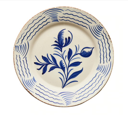 Casa Nuno Blue and White Dinner Plate - Two Flowers/Waves