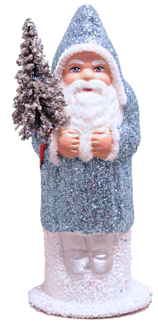 Ino Schaller Santa in Ice Blue Glitter Coat with Silver Tree