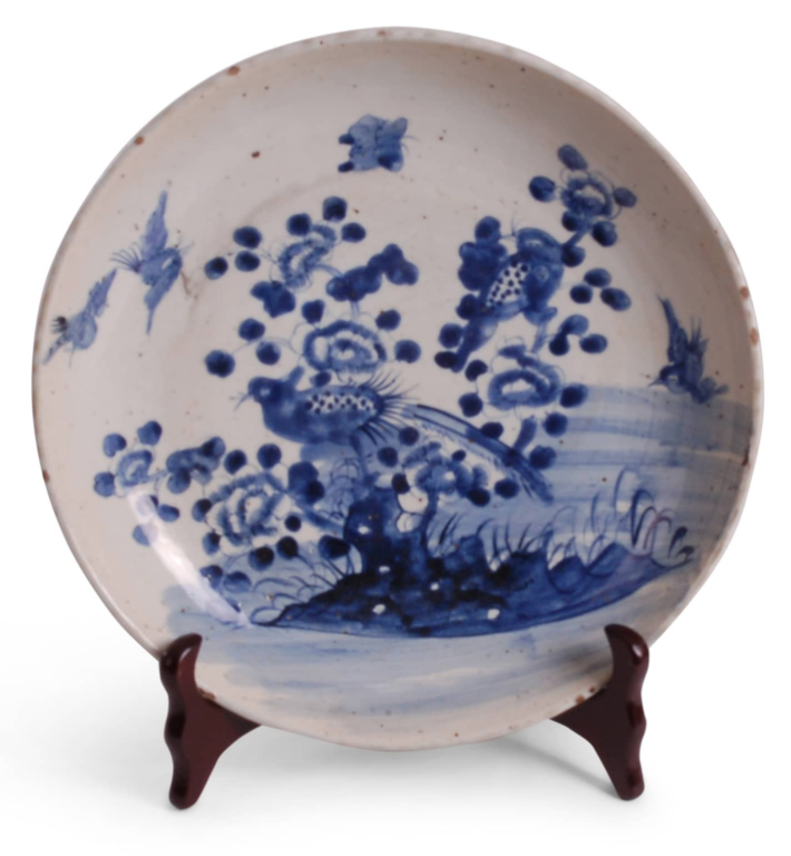 Blue & White Reproduction Bird with Flower Plate