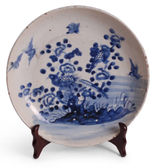 Blue & White Reproduction Bird with Flower Plate