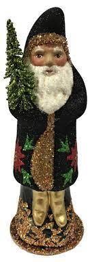 Black Glitter Santa with Poinsettia Paper Mache Candy Container