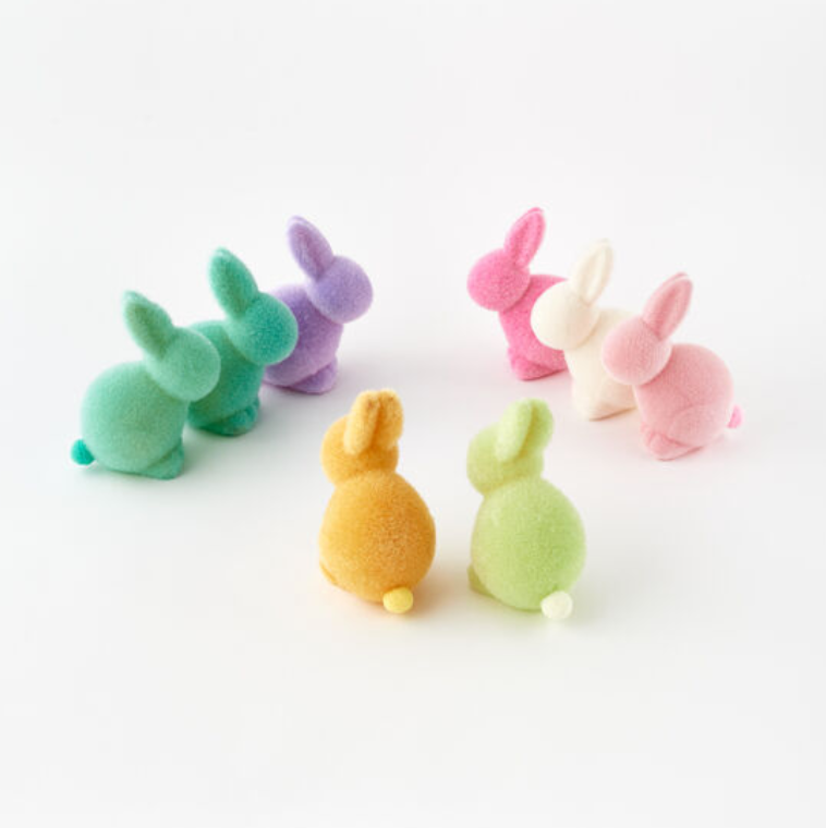 Large Flocked Pastel Seated Bunny with Pom Pom Tail