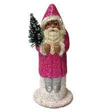 Bright Pink Glitter Santa German Paper Mache Candy Container