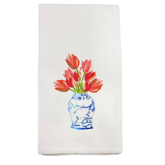 Blue and White Ginger Jar with Tulips Tea Towel