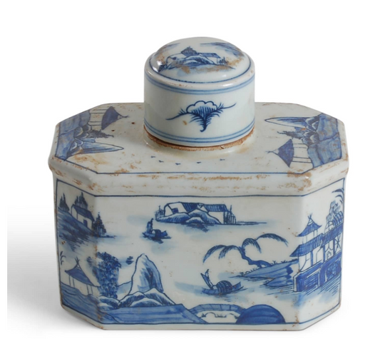Blue & White Canton Reproduction Hexagon Tea Jar