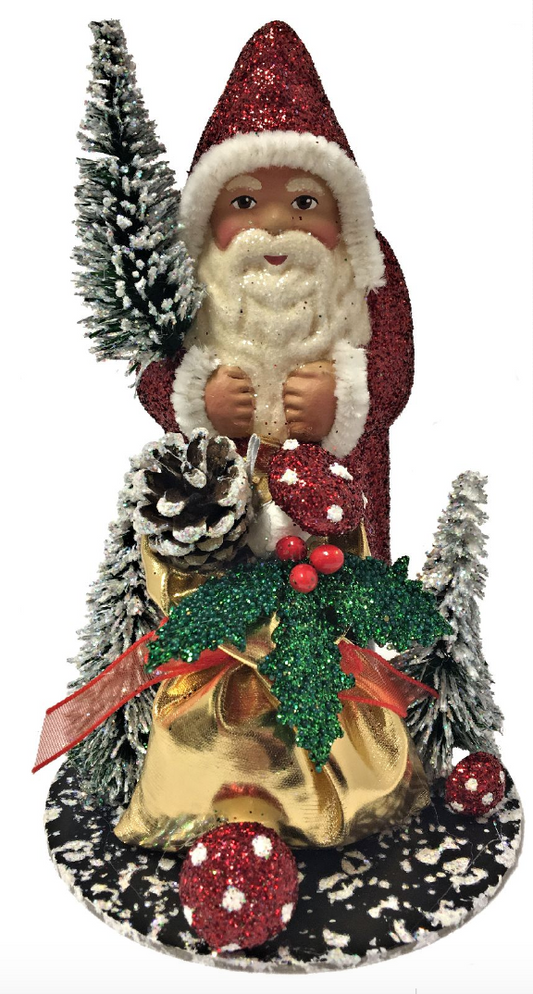 Ino Schaller Red Glitter Santa with Bag and Mushrooms
